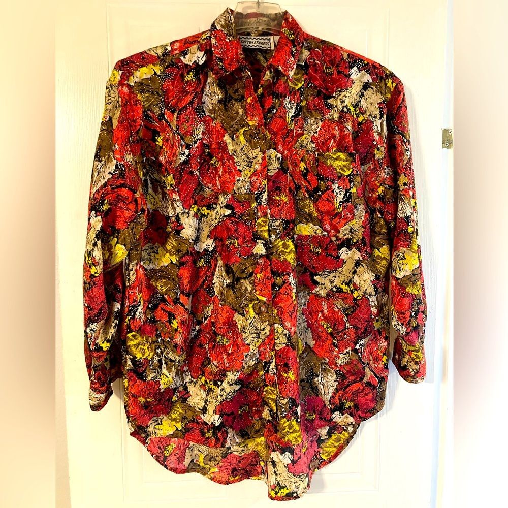Floral Rhinestone Top S Button Down Blouse Peasant Lagenlook Grannycore Shimmer
